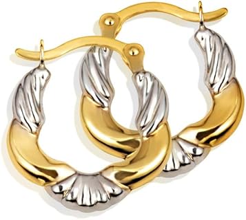 14K Two-Tone White and Yellow Gold Reversible Ribbed & Striped Hoop Earrings for Women, 2mm Thick 13.5mm Diameter