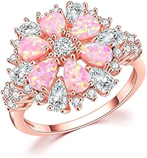 CiNily Opal Ring-14K Rose Gold Plated Pink Opal Cubic Zirconia CZ Ring Gemstone Ring for Women Size 5-12
