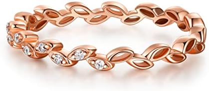 Platinum-plated Silver Wedding Ring with Created Moissanite in Leaf Design by MOOSEA - 14K Rose Gold Vermeil, Size 4.5 