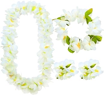 Hawaiian Party Flower Leis Luau Wreath Set - Necklace Headband and Bracelets, Great for Beach Wedding Birthday Holiday Hawaii Theme Party Activity Decoration