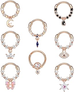 Sanfenly 8PCS Septum Jewelry 16G 316L Stainless Steel Dangle Septum Rings CZ Teardrop Butterfly Daith Earrings Hoop Cartilage Helix Tragus Spetum Nose Piercing Jewelry for Women Men