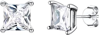Silvora 925 Sterling Silver & Diamond Princess Cut Stud Earrings with Push Back for Ladies & Girls, Sparkling Gift in Box