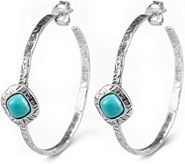 Silver Hoop Turquoise Earrings - 2 Carats Green Cabuchone Turquoise Cushion Cut Post and Nut Hoop Earrings for Women