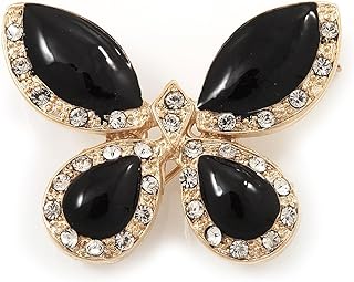 Black Enamel Diamante Butterfly Brooch In Light Gold Metal - 3cm Length