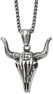 Other-Clasp-Type Stainless Steel Skull Pendant Necklace, Box Chain Design for Women, Polished Bull Shape