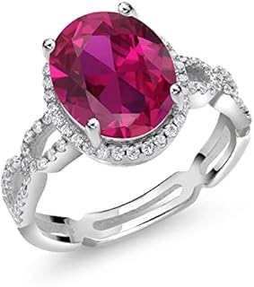 Gem Stone King 925 Sterling Silver Oval Red Created Ruby and White Created Sapphire Wedding Engagement Solitaire Anniversary Promise Ring (4.55 Cttw, Available In Size 7, 8, 9, 10, 11, 12, 13)