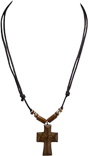 BlueRica Hand Carved Wood Cross on Adjustable Cord Necklace