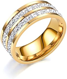 Iced Out Cubic Zirconia Men's and Women's Rose Gold Titanium Steel Wide Wedding Ring, Unique Double Row Design