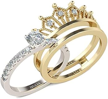 Crown Engagement Ring with Simulated Diamonds for Women, Two-Tone Round Cut Wedding Ring Set in Sterling Silver, Size 3.5