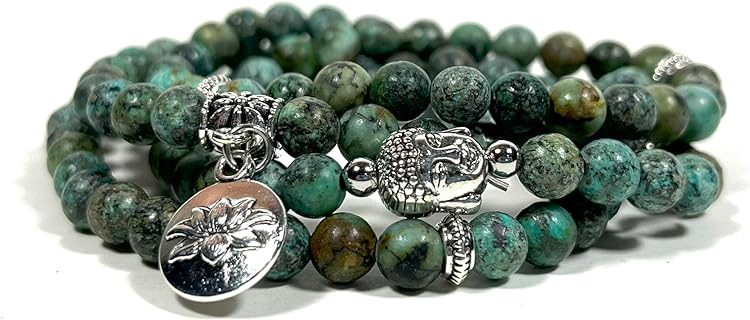 108 Bead Blue Jasper Stone (6mm) Mala Bracelet - Yoga Meditation Beads - Buddha Lotus Charm