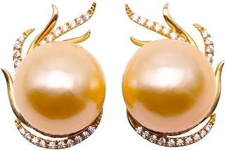 JYX Pearl 14K Yellow Gold Earrings AAA Quality Genuine 13mm Round Golden South Sea Cultured Pearl& Diamond Stud Earrings for Women