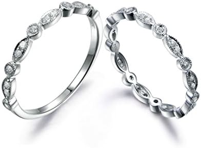 2 Art Deco Diamond 14k White Gold Wedding Band Sets,Marquise Milgrain Vintage Antique Bridal Ring Set