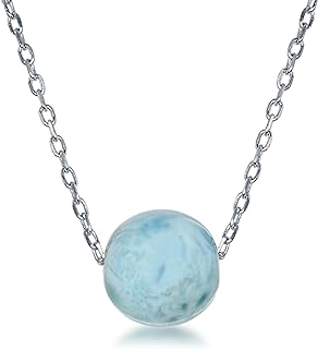 Sterling Silver 16" + 2" Natural Larimar 8mm or 10mm Stone Bead Necklace