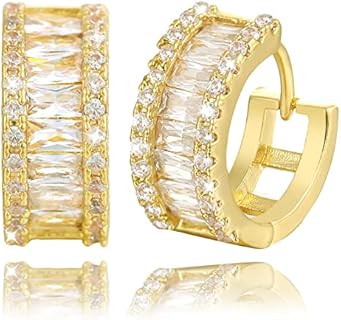18K Gold Plated Diamond Cut CZ Huggie Hoop Earrings for Women and Girls with Clutchless Back Finding by ZJMIHUA