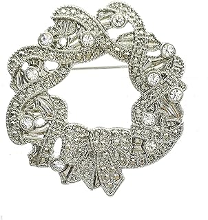 Vintage Marcasite Inspiration Silver Tone Twist Ribbon Bow Accent Wreath Brooch Circle Pin Costume Jewelry