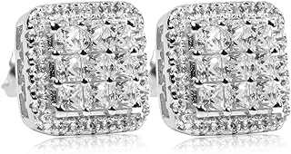 Men's Large Square White Gold Plated 925 Sterling Silver 3D Unisex Iced 5A Cz Micro Pave Big Square Shape Invisible Set Princess Cut Hip Hop Screw Back Stud Earrings Jewelry Gifts For Men Women
