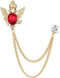 Vintage Crown Gemstone Long Chain Brooch Pin,Animal Double Headed Eagle Tassel Suit Pin Rhinestone Wings Lapel Pin Jewelry for Women Men
