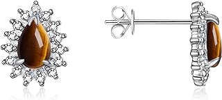 14K White Gold Tiger Eye Halo Earrings - Pear-Shaped Studs with Sparkling Diamonds for Elegant Women & Girls - July Birthstone Gift by Rylos