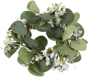 Yardwe Silk Christmas Candle Rings Wreaths with Artificial Eucalyptus Leaves and Mini White Berries, Compact Rustic Farmhouse Festive Decoration for Table Centerpieces