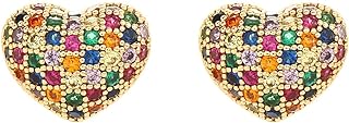 Atsource Yellow Gold Brass Pave Stud Earrings with Push Back Closure, Heart Design, and Cubic Zirconia Gems - Ideal Gift for Sisters or Lovers