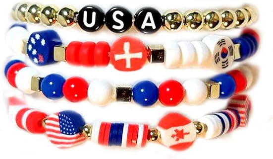 LAKIYOYO 4th of July Bracelets USA American Flag Bracelet Set For Women Mens Surfer Heishi Stackable Clay Beaded Stretch Bracelets Bead Independence Day Bracelet