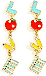 FFLaiwah Playful Pencil & Apple Designed Stud Earrings in Zinc - Lightweight Snap Back - Ideal First Day of School or Teacher Appreciation Gift