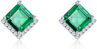 Women's White Gold & Sterling Silver Earrings with Emerald Gems, Secure Screw Back, Princess Cut Design, Radiant and Refined Elegance