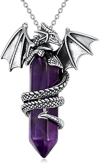 Sterling Silver Dragon Pendant with Purple Reiki Healing Crystal for Women, Hexagonal Quartz Gemstone Necklace Design