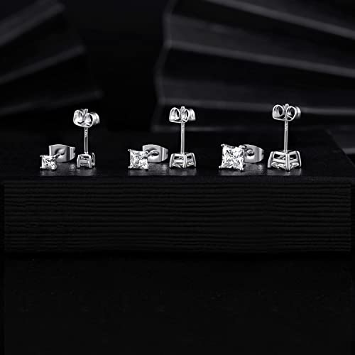 Princess Cut Moissanite Stud Earrings Set, S925 Sterling Silver Square Moissanite Diamond Stud Earrings Pack of 3 for Women Men 3-5mm