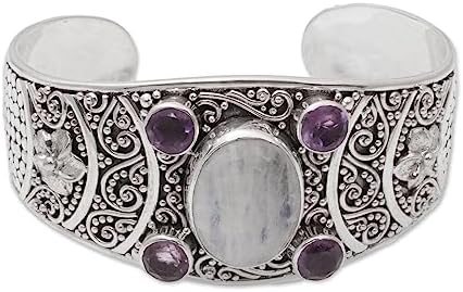 NOVICA Artisan Rainbow Moonstone and Amethyst Cuff Bracelet from Bali Sterling Silver Clear Purple Indonesia Floral Birthstone [5.75 in L (end to End) x 1.2 in W] ' Misty Bouquet'