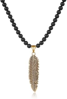 Black Onyx Stone Necklace with Ball Chain and Lobster-Claw Clasp for Men, Featuring Gold Plated Stainless Steel Feather Pendant by GAVU Crystal Jewelry