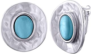 Bohemian Chic Silver Clip-On Statemen Earrings with Cubic Zirconia Gem & Retro Geometric Circle Design for Non-Pierced Ears