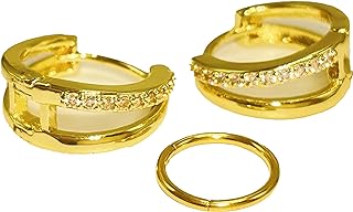 BEIIRLLA 3-piece set, 2 earrings+1 nose ring clamp,Gold Earrings Small Huggie Hoop Earrings for Women 14K Gold，Nose Rings Hoop, 316L Surgical Steel，Hypoallergenic Nose Rings Septum Cartilage Hoop Earring Conch Piercing Jewelry for Women，Gold.