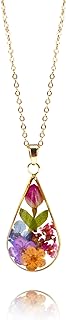 14K Gold-Plated Teardrop Pendant Necklace with Dried Pressed Flower Design and O-Shaped Chain - Perfect Birthday Gift for Mom or Fashion Jewelry for Women and Girls