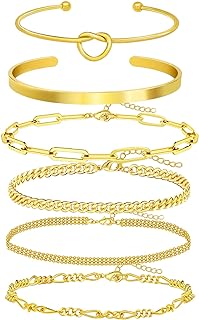 14K Real Gold Plated Cuff Bracelet Bangle Jewelry Set Stackable Trendy Dainty Love Heart Knot Infinity Beaded Ball Paperclip Chain Minimalist Bracelet,6 styles
