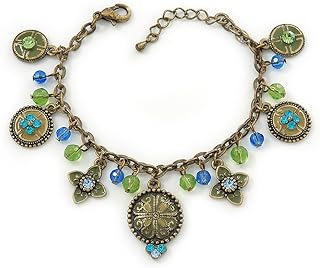 Vintage-Inspired Floral Bead Charm Bracelet in Bronze Tone with Lobster Claw Clasp and Bead Chain - 16cm Length/3cm Extension