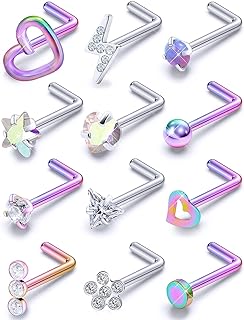 Prjndjw Nose Rings Studs 20G Surgical Steel Nose Studs Hypoallergenic Cute CZ Small Heart Star L Shape 20 Gauge Nose Rings Silver Nose Ring Real Nose Stud Flower Opal Nose Rings 7mm