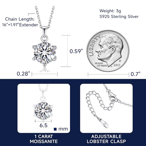 Pendant Necklace, Anniversary Sparkling Gifts for Women, 1Carat Moissanite Necklace for Women 925 Sterling Silver Solitaire Necklace, Birthday Mother's Day Holiday Gift