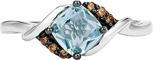 14K White Gold Cushion Cut Blue Aquamarine Engagement Ring with Chocolate Diamonds for Women - Elegant LeVian Design - Anniversary Promise Ring Sizes 4.5 to 10