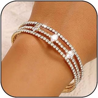 Rhinestone Bangle Bracelets Crystal Layered Cuff Bracelet Sparkle Tennis Stretch Bracelet for Women and Girls