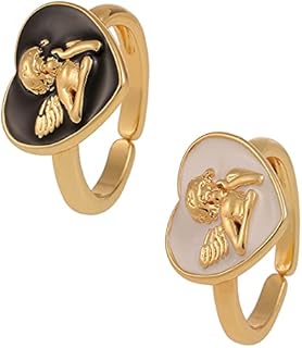 2Pcs Vintage Enamel Angle Heart-shaped Stackable Ring Set 18K Gold Plated Chunky Opening Adjustable Love Heart Knuckle Ring for Women Girl Teen Thankgiving Day Party Jewelry