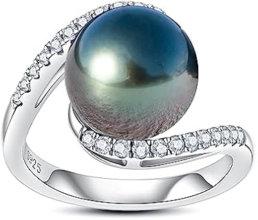 Genuine 10-11MM Tahitian Black Pearl Ring, AAA Quality Handpicked Nature Pearls with 0.36 cttw Moissanite,18 White Gold Plated Sterling Silver Ring