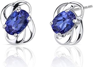 Push Back Sterling Silver Stud Earrings with Oval-Shape Blue Sapphire for Women by Peora, 2 Carats Total