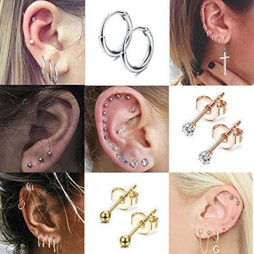 9Pairs Stainless Steel Tiny Cartilage Earrings Studs for Women CZ Balls Tragus Helix Endless Hoop Piercing Earring Set