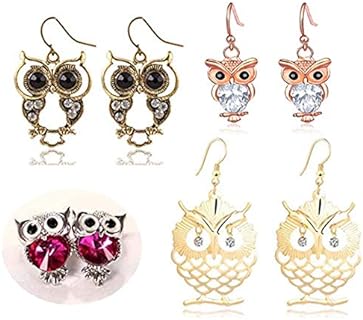 Charming Owl Dangle Earrings with French Wire Back Finding for Women and Girls - 4 Pair Stud Design Set
