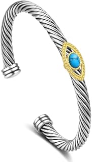 Women's Evil Eye Turquoise Cuff Bracelet in 14k Gold-Plated Copper with Mixed Box, Link, and Cable Chains - Adjustable Two-Tone Design