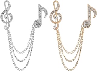 2 Pcs set Crystal Musical Note Brooches long Chain Collar Pin Brooch Coat Suit Badges Lapel Pin Charm for Women Shawl Accessories Gifts for Men