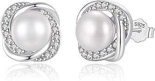 Freshwater Cultured Pearl Stud Earrings for Women and Girls - 925 Sterling Silver Push-Back Design with Cubic Zirconia Accents, Ideal Gift for Her