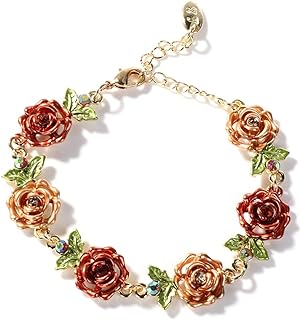 Flower Bracelet,Colorful Link Bracelets Rose Flower Leaf Bangle Bracelet Anklet Cloisonne National Chain Hand Jewelry With Charm rhinestones For Women Lady Girl,With Adjustable Extension Chain Gift Box