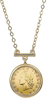 American Coin Treasures Italian 20 Lira Coin Pendant Bar Necklace | Goldtone Flat Cable | 18 Inch 3 Inch Extender with Lobster Claw Clasp | Certificate of Authenticity